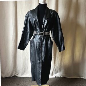 Vintage Pelle Black Leather Trench Coat S/M Oversized Long Jacket 90s